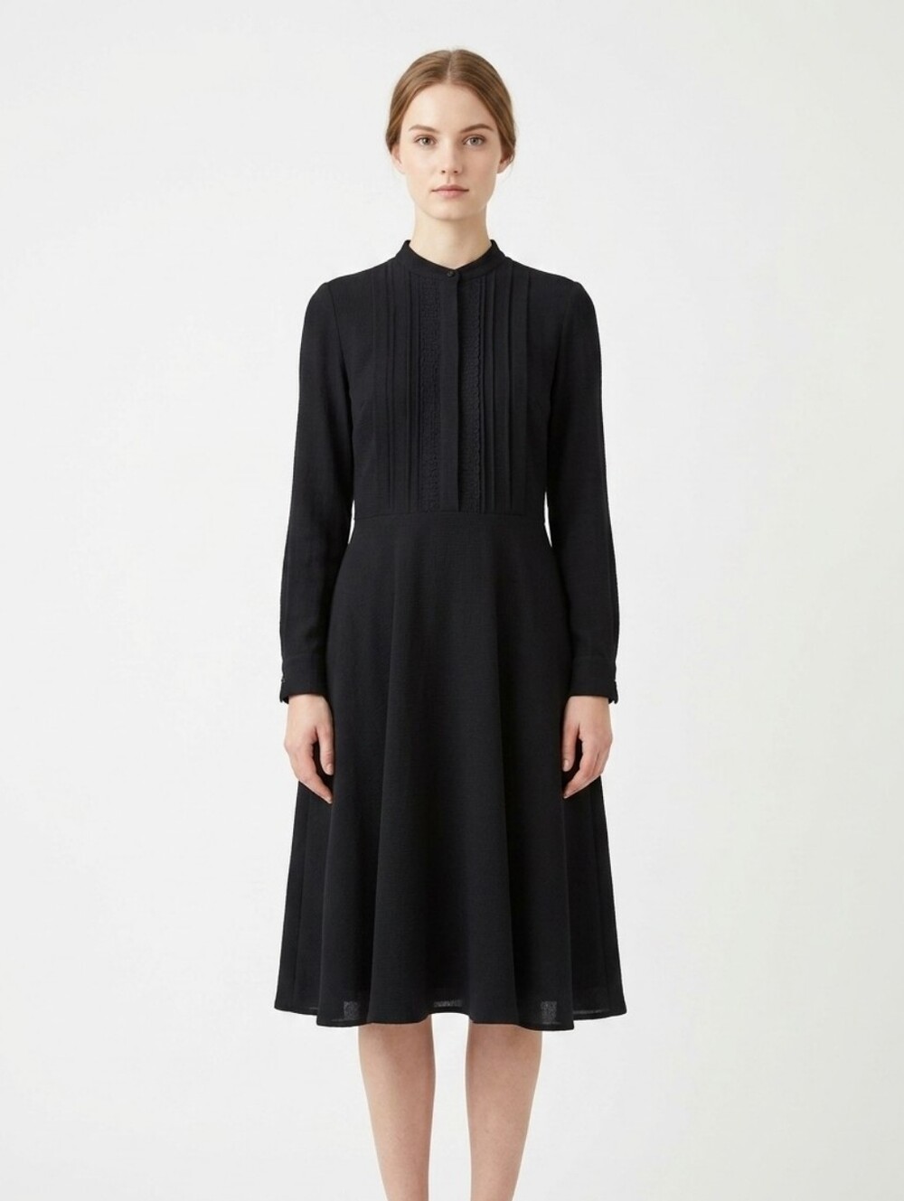 Ann Taylor Pleated Pintuck Long Sleeve LBD Little Black Midi Work Dress Size 10
